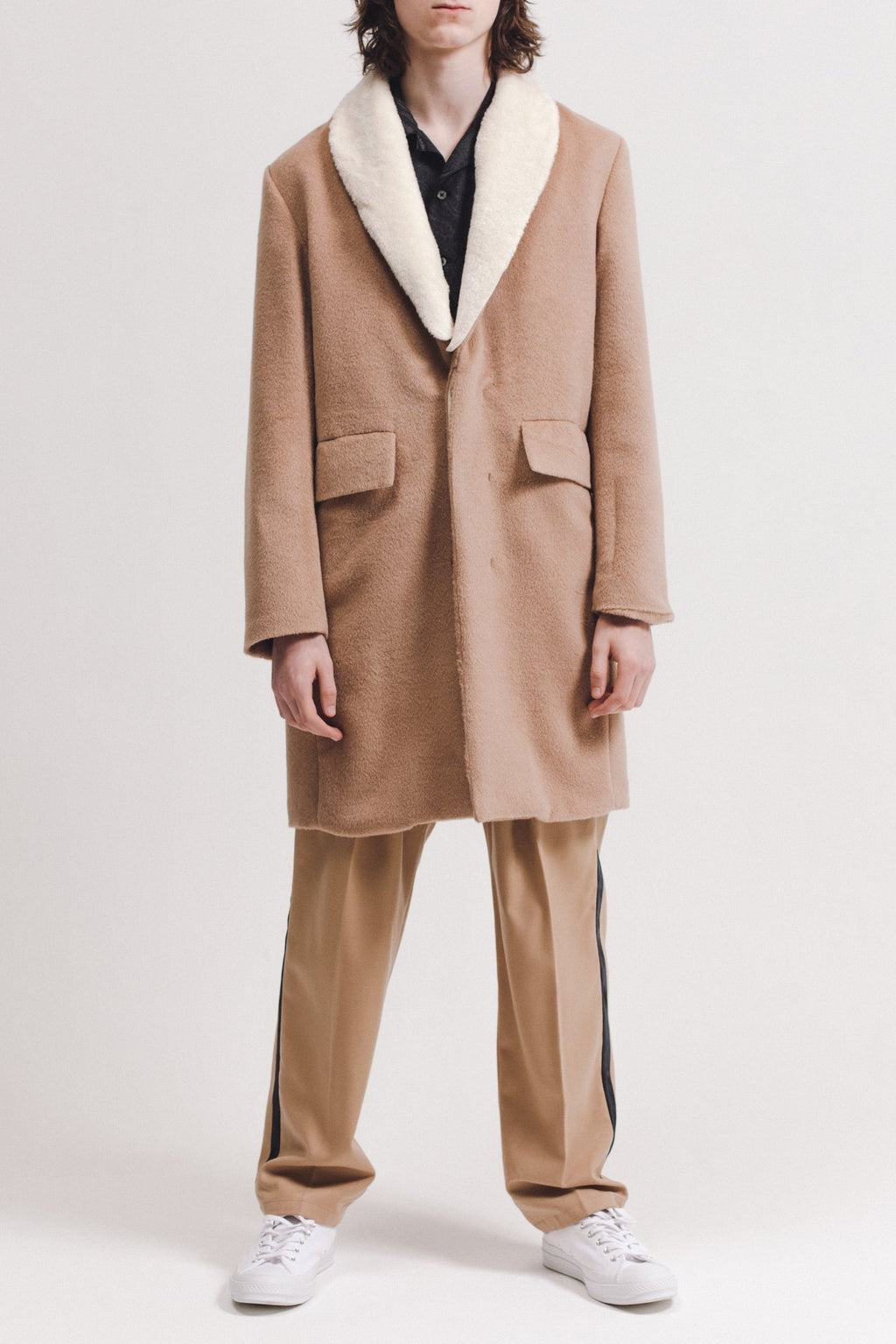 Wool Overcoat With Shearling - Tan