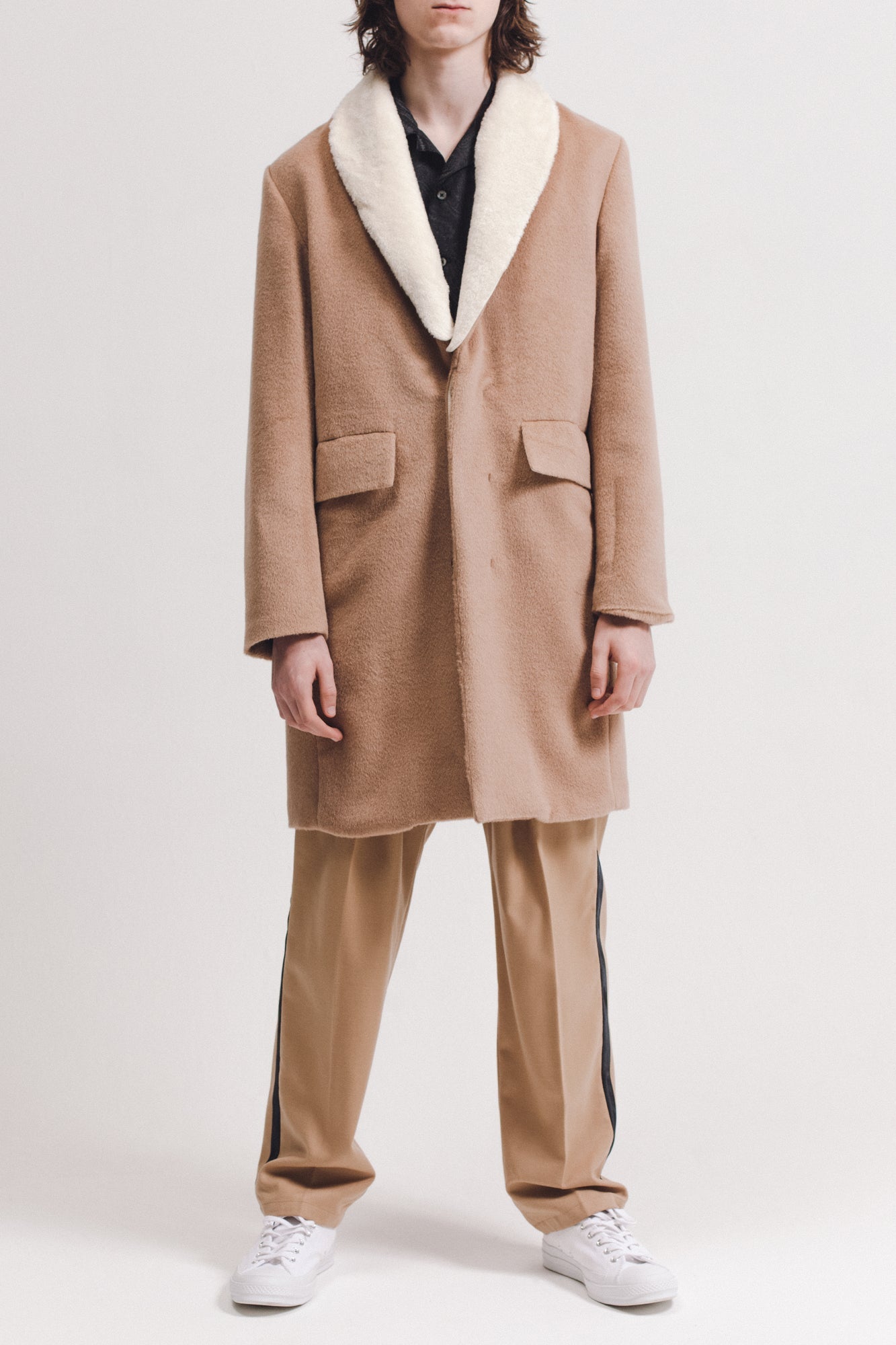 Wool Overcoat With Shearling - Tan